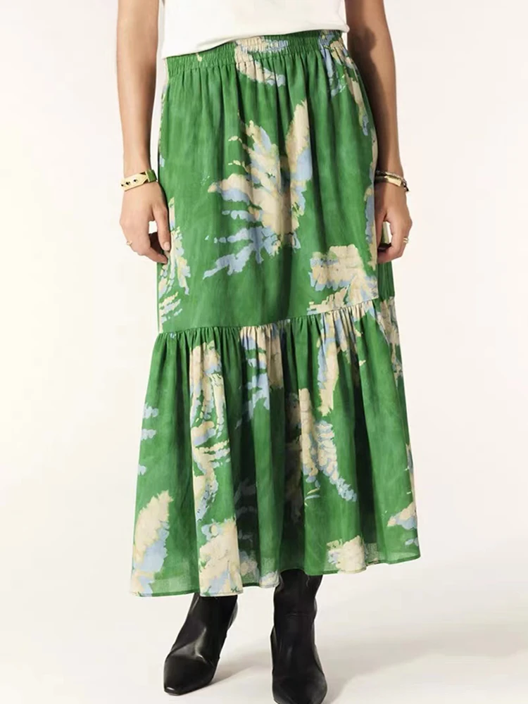 

2024 Early Autumn New Fashion Print Green Midi Skirt Women Elastic Waist Ladies A-Line Ruffles Trim Loose Fit Holiday Long Jupes