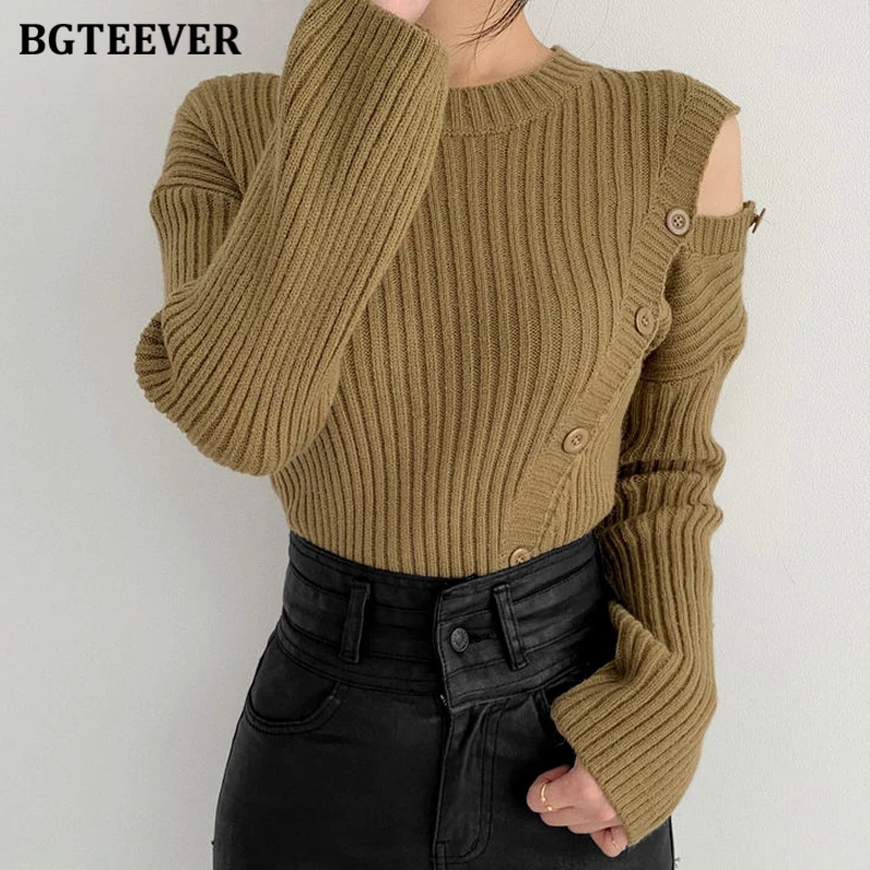 

BGTEEVER Autumn Winter Stylish Women Solid Hollow Out Sweaters Jumpers Elegant Full Sleeve Ladies O-neck Slim Knitted Pullovers