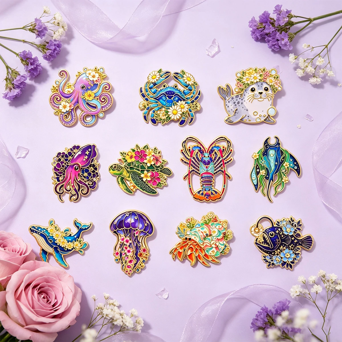 11-teiliges Set Schöne Blumen- und Meerestier-Emaille-Pins Niedliche Wal-Oktopus-Schildkröten-Brosche Rucksack-Anstecknadel Schmuck-Accessoires Geschenke – Detail 5