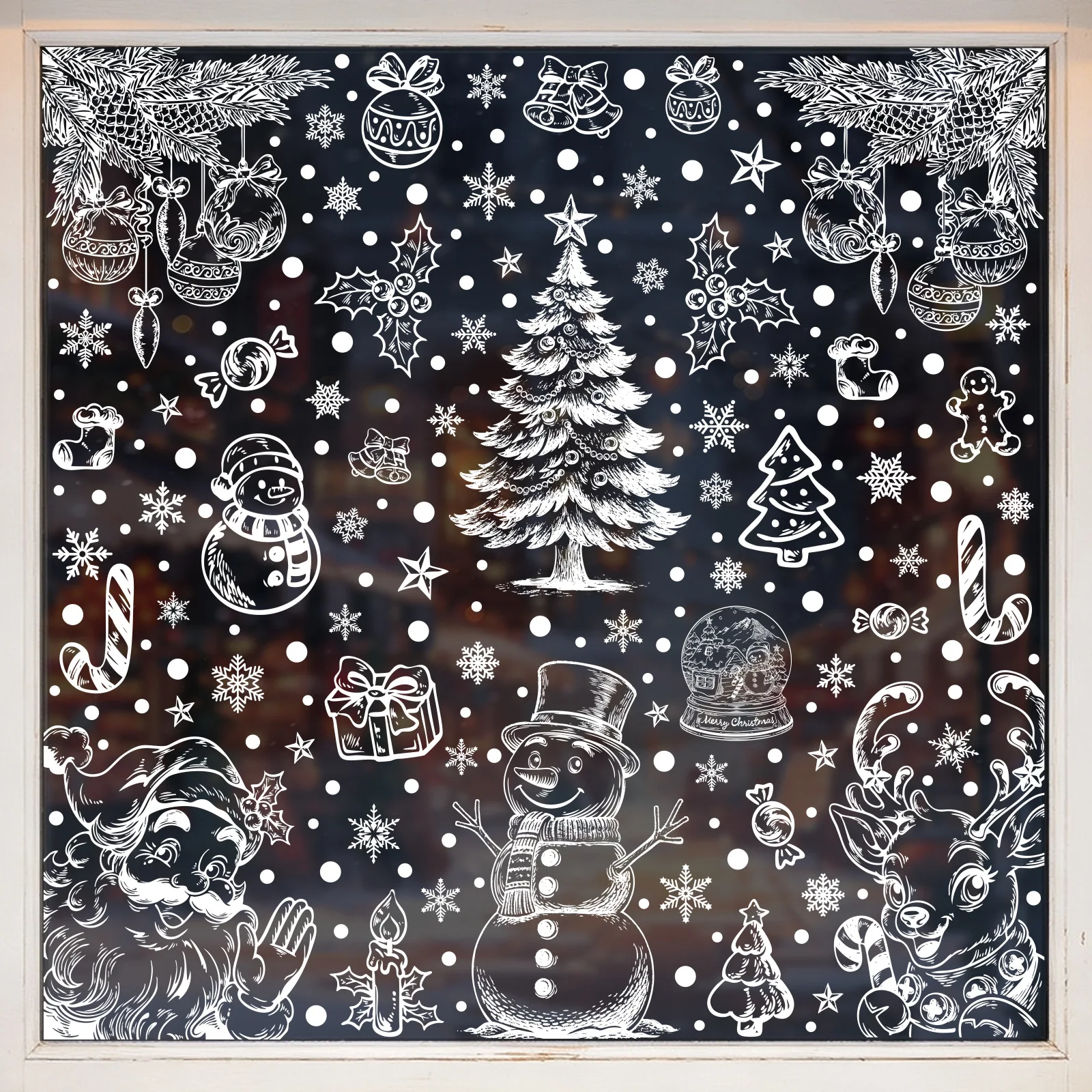 Christmas Winter White Atmosphere Static Window Clings, Warm Snowman Reindeer Santa Claus Glass Stickers