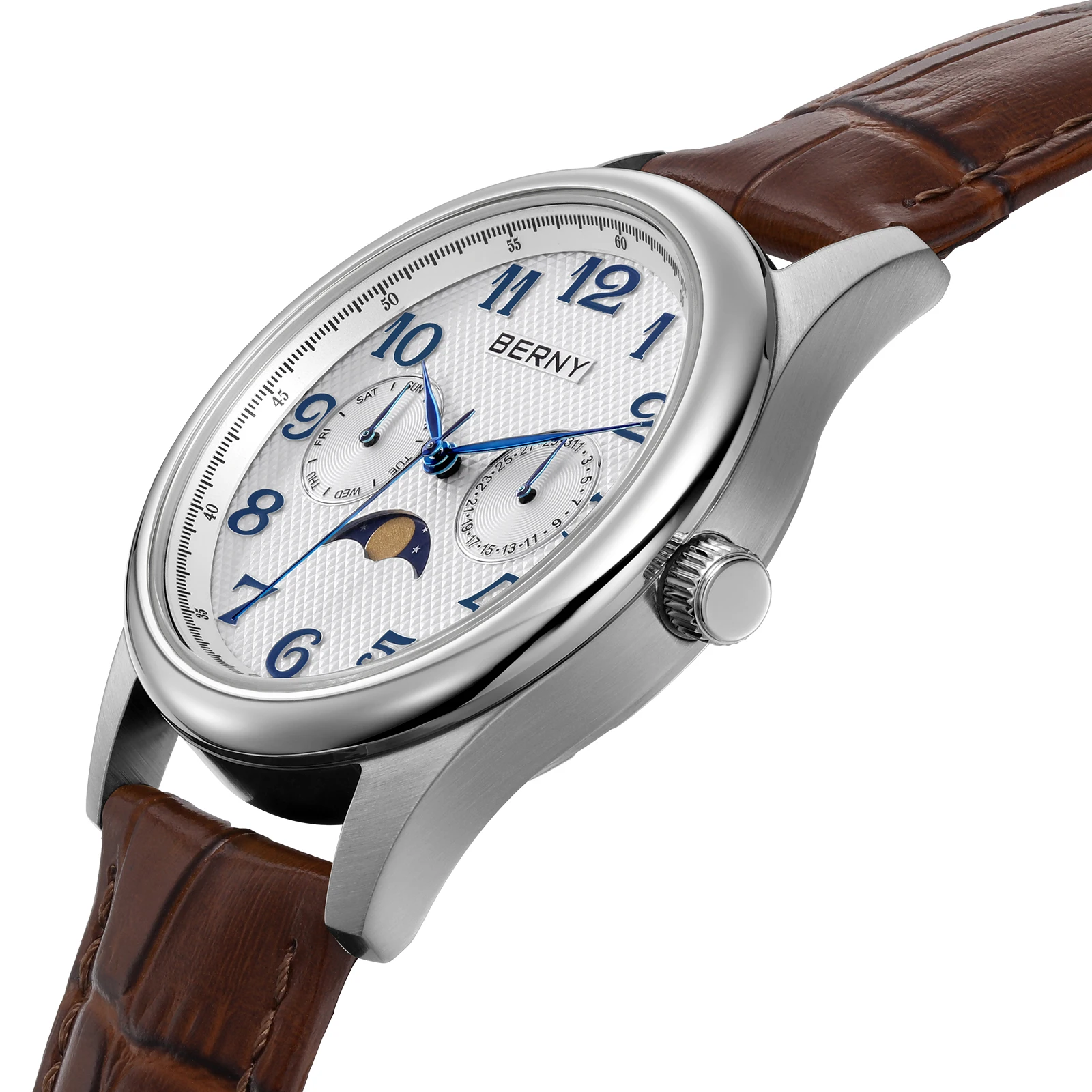 BERNY Luxury Watches for Men Calendar Vintage Quartz Male Watch Easy Read Moon Phase Calendar Business Dress Men's Wristwatch