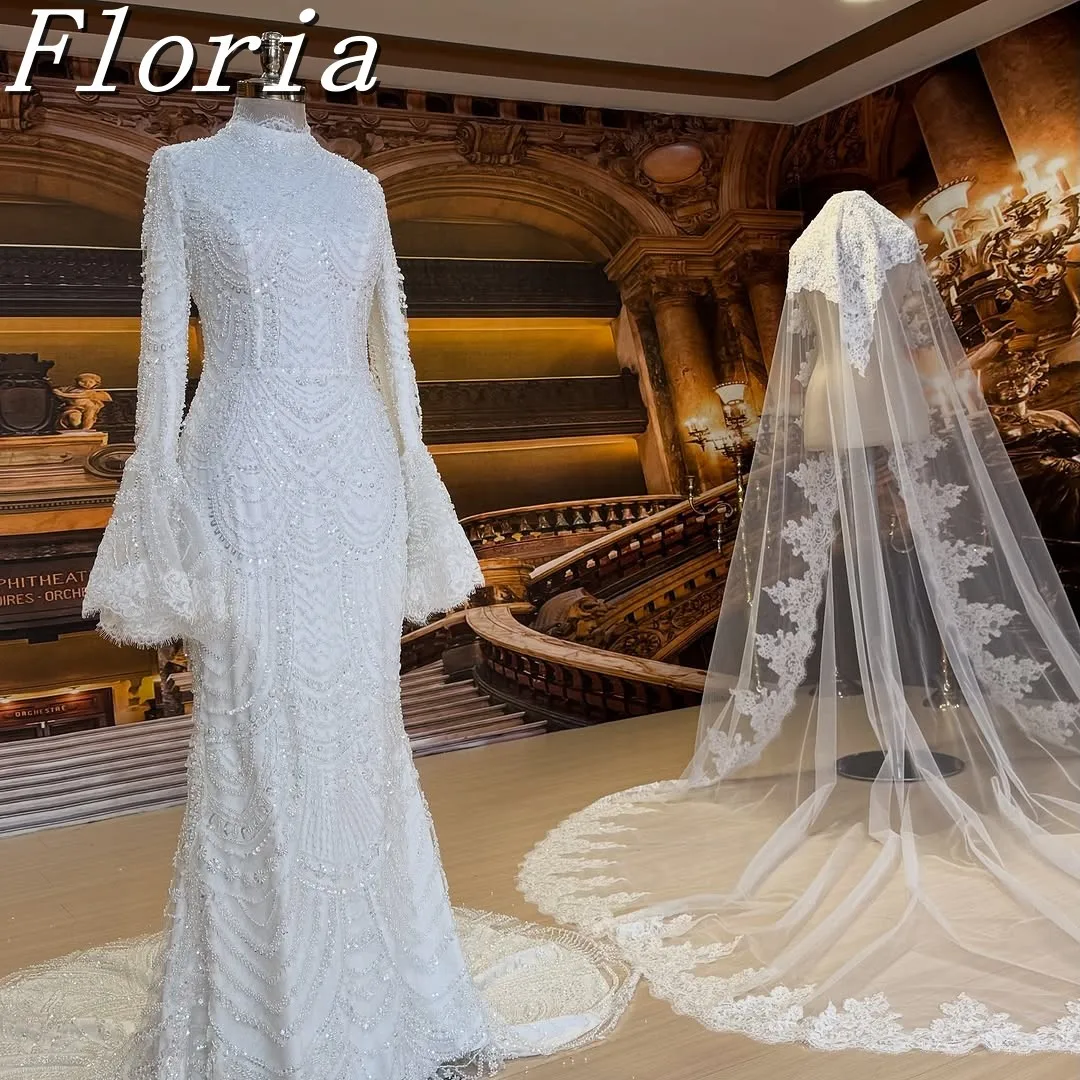 

Elegant Muslim Saudi Arabic Beading Mermaid Wedding Dress Flared Sleeves Bridal Robe Customized Sweep Floor Gown for Femme