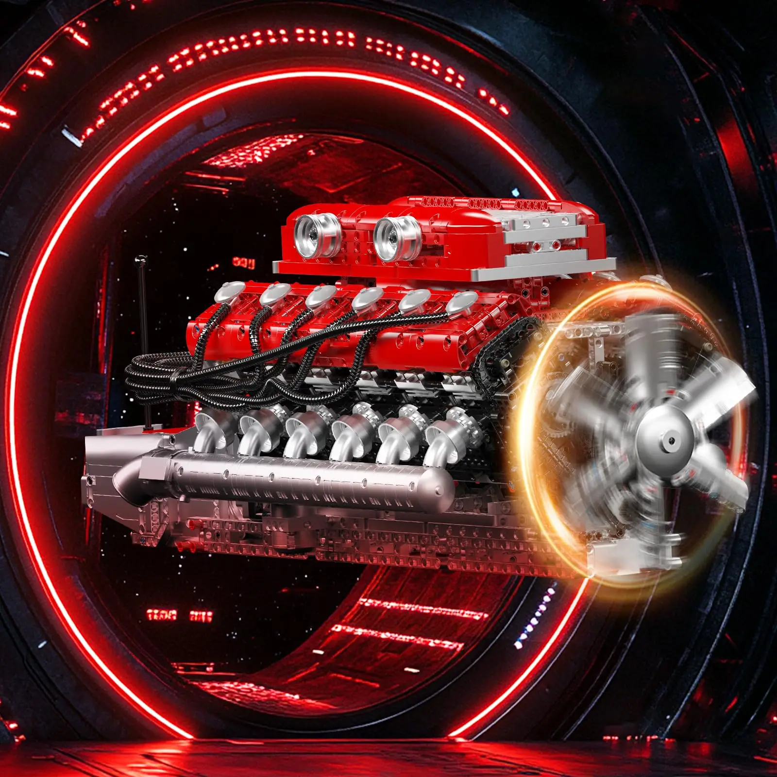 어린이를 위한 V12 엔진 모델 키트 실행 - 모터 배터리가 포함된 빌딩 블록 세트 MOC 엔지니어링 시뮬레이션 장난감