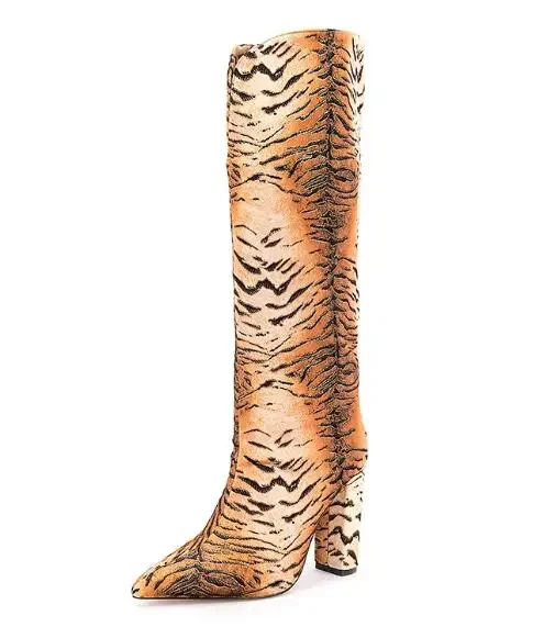 Winter Brown Tiger Animal Print Pointed Toe Tube Long Botas Shoes Women Run Way Fashion Slip On Knee High Boots Lady Size 47