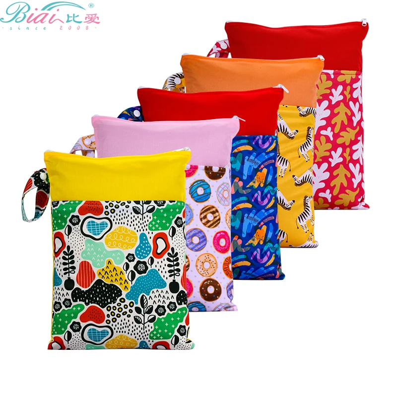 BIAI Beautiful Pattern Polyester Baby Waterproof Swimsuit Bag Double Pocket Baby Diaper Dry Mini Wet Bag Diaper Nappy Bag 25*35