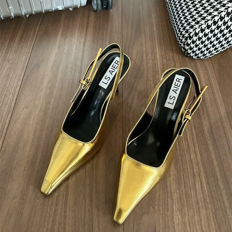 Sexy Silver High Heel Shoes for Women 2024 New Leather Summer Pumps Woman Thin Heels Slingback Shoe Pointed Pumps Traf