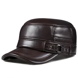 Winter Genuine Leather Cap Men's Flat Caps Warm Army Military Hat Elegant Man Baseball Cap British Vintage Cowhide Leather Hat
