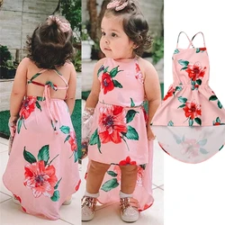 Vestido de verano sin mangas para niñas pequeñas, ropa informal con flores y espalda descubierta para fiesta y desfile, 2023