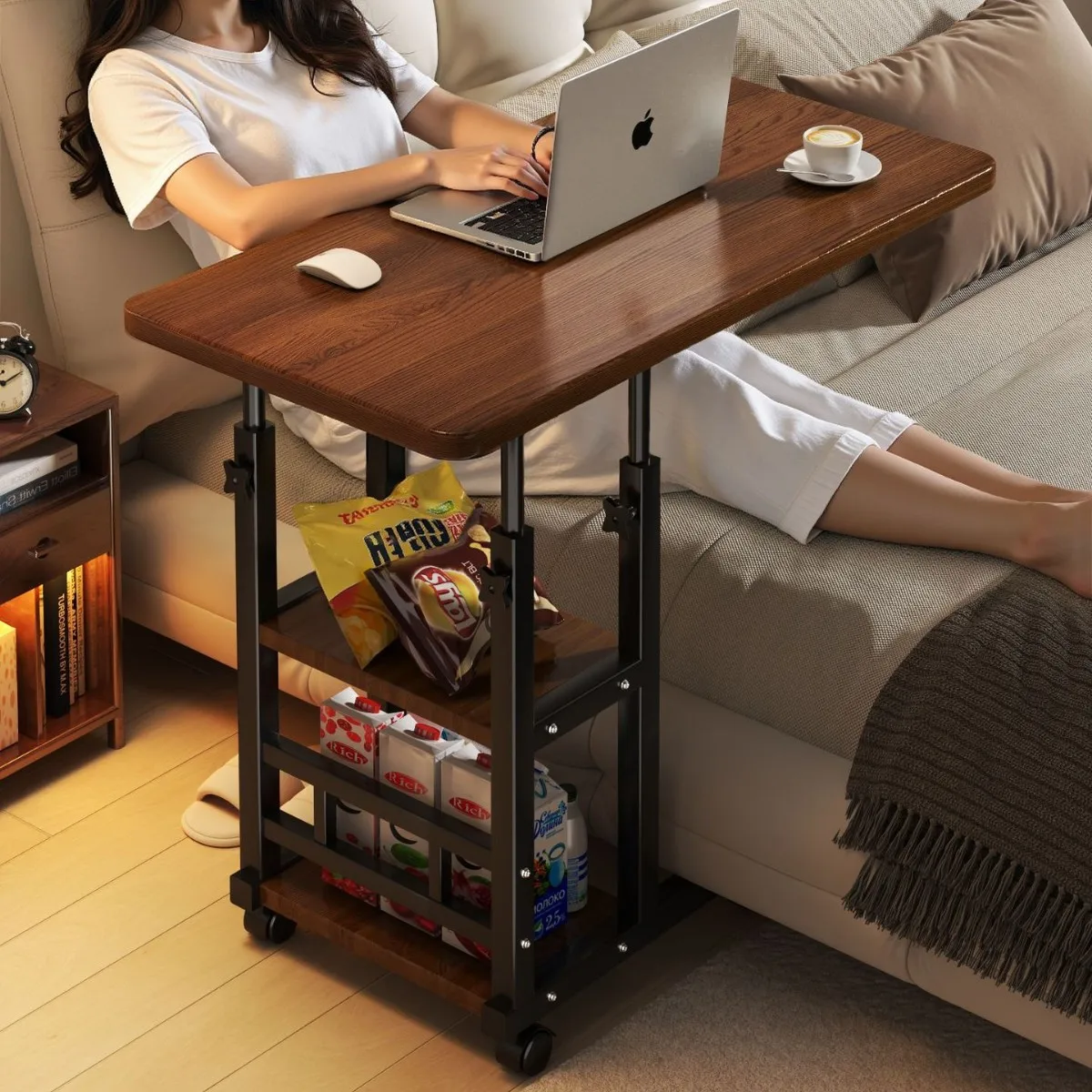Rolling Bedside Table Multi-Functional Wheeled Movable Height Adjustable Table Bedside Table For Dormitory Living Room Space Sav