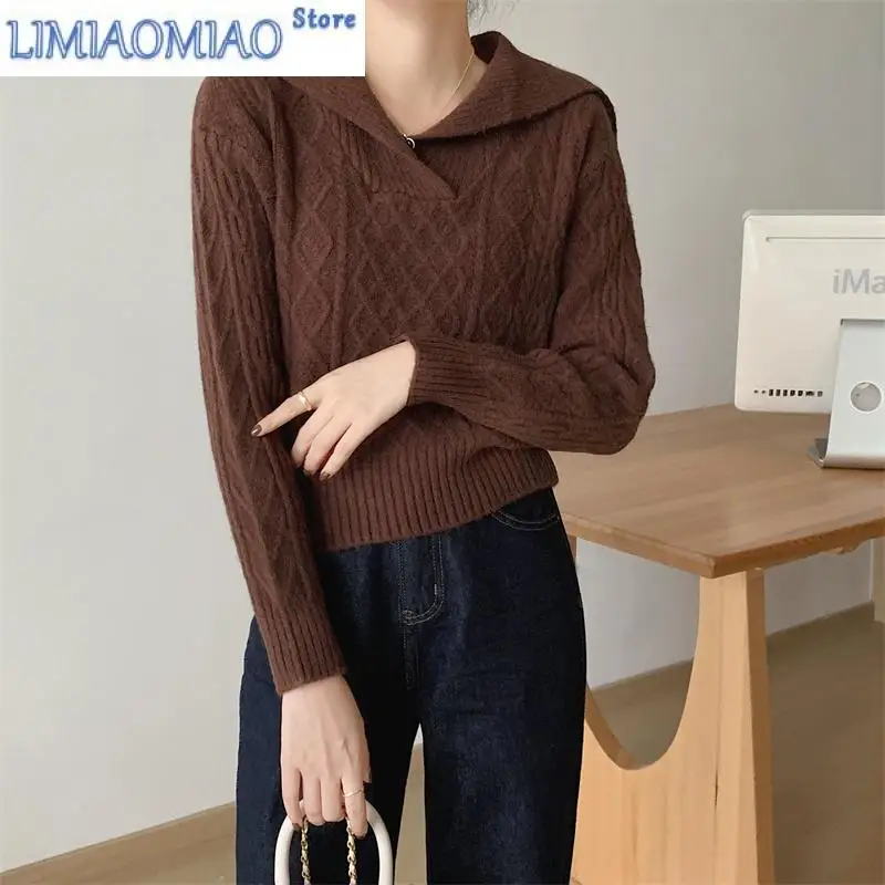 New Sailor Collar Solid Casual Vintage Soft Knitted Sweater Long Sleeve Korean Fashion Chic Short Pullover Female Jumpers