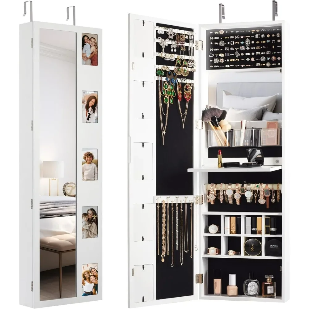 

Органайзер для шкафа для ювелирных изделий с фоторамкой и складной полкой, светодиодный шкаф для хранения ювелирных изделий, настенный или дверной монтаж, зеркало