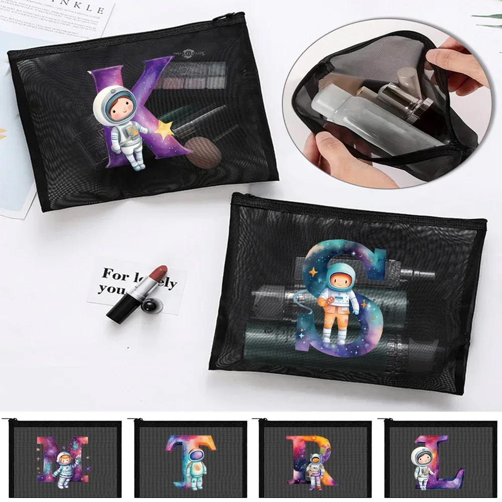 

Makeup Bag Mesh Cosmetic Bag Travel Storage Female Make Up Pouch Printing Series Astronaut Letter Case Portable Multifunction