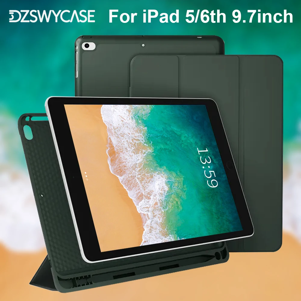 For iPad 6th / 5th Generation 9.7 inch Case (2018/2017), iPad Air 2 & 1 (2014/2013) Case, Soft Silicon with Pencil Holder Cover