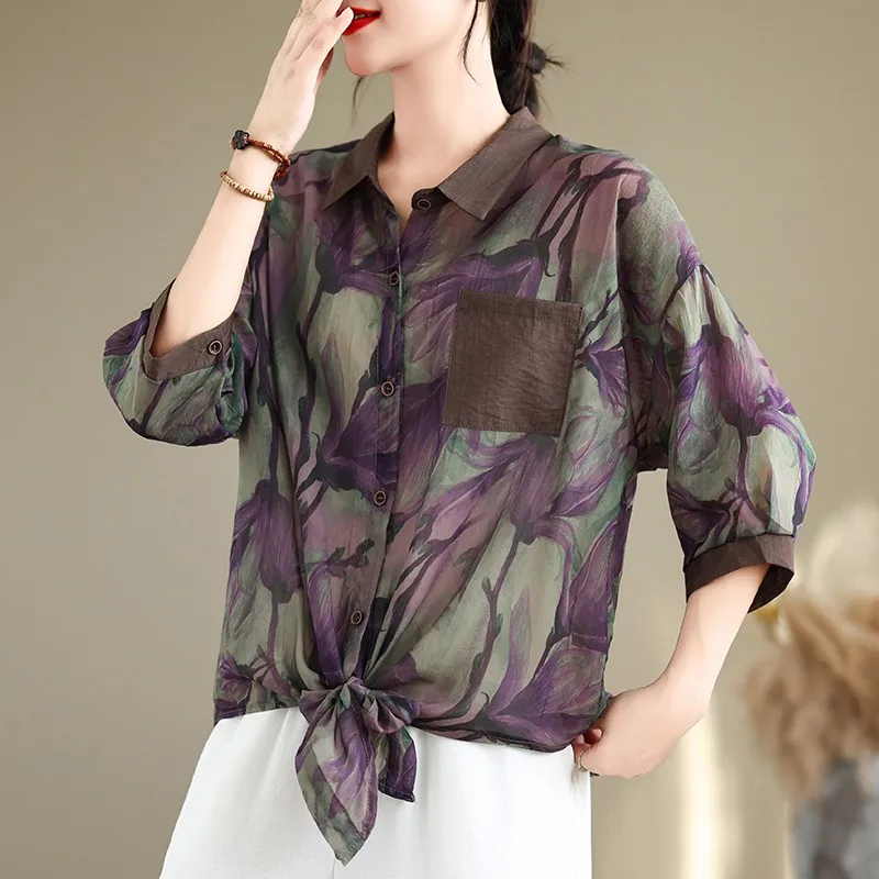 2024 Summer New Arts Style Women Half Sleeve Turn-down Collar Loose Shirt Vintage Print Lightweight Chiffon Blouse Tops P696