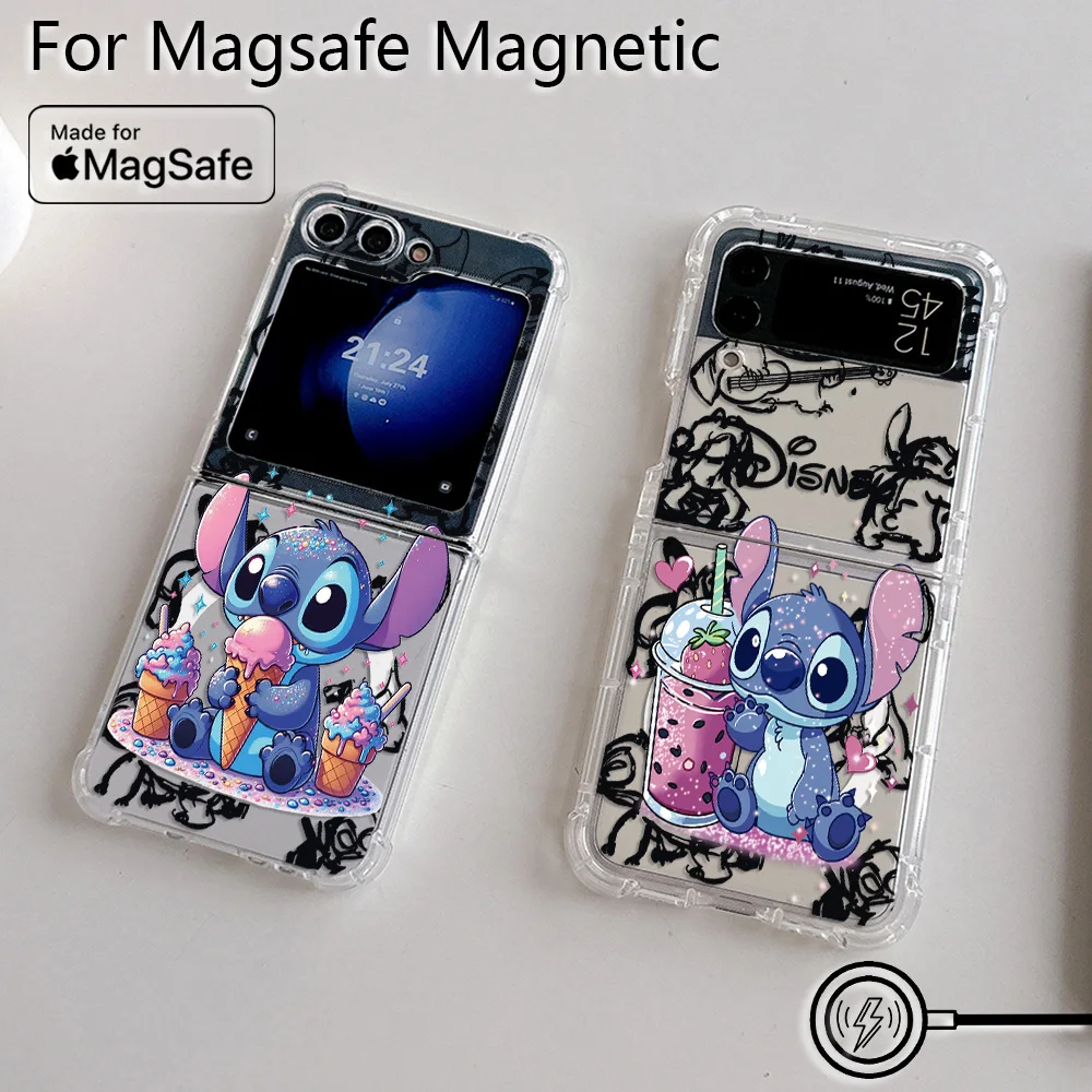 Cool Cartoon Stitch Disneys Magsafe Magnetic Phone Case for Samsung Galaxy Z Flip 4 Z Flip 5 6 Z 5G Soft Transparent Back Cover