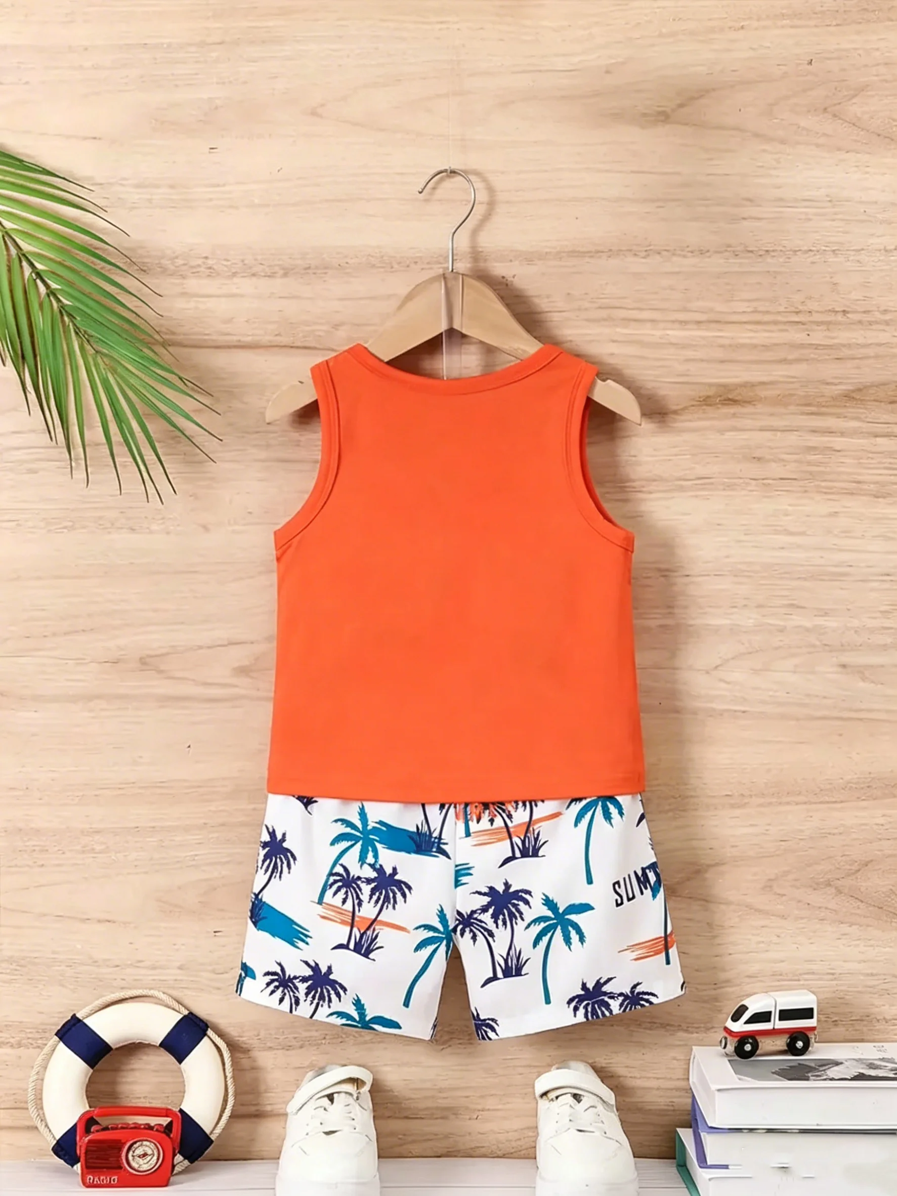 Children's Clothing Set Sleeveless Round Neck Letter Sunset Print Vest + Elastic Waist Tree Print Shorts Set (Excluding Hat)