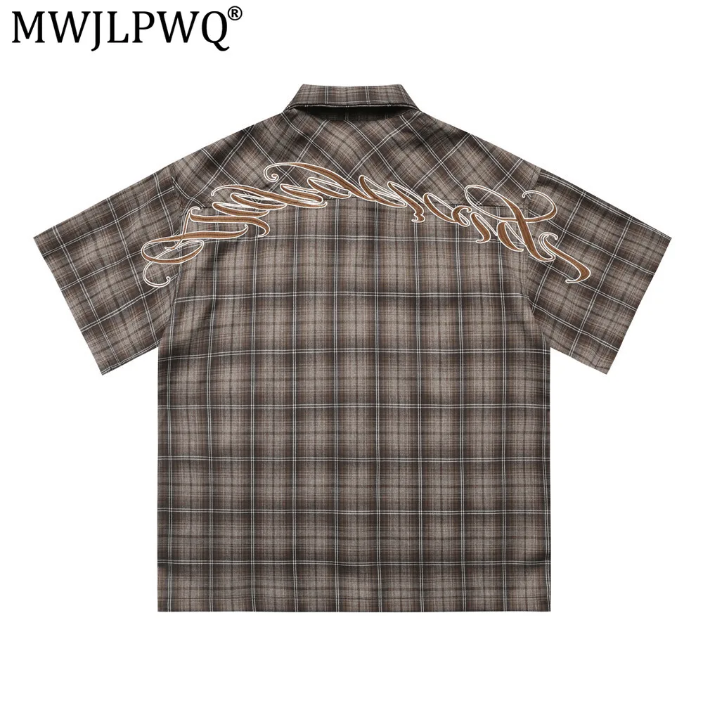 MWJLPWQ Gothic Letter Embroidered Plaid Short-Sleeve Shirt Summer Men's Vintage Street Style Workwear Lapel Loose Tops New 20716
