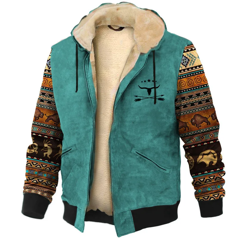 Hip Hop New Vintage Tribal Ethnic style 3D Print Winter Hoodies Zipper Jacket outdoors Outerwear Men Fleece Jackets Warm Coats