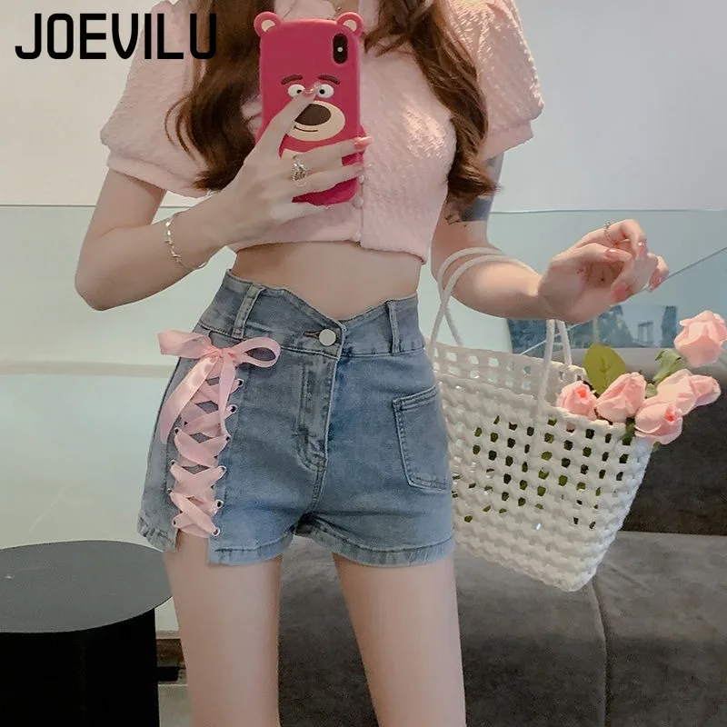 Rosa Kreuz Denim Shorts Krawatte Dekorative Heiße Hosen Shorts Weibliche Sommer Neue Hohe Taille Dünne A-line Shorts Frauen Kleidung