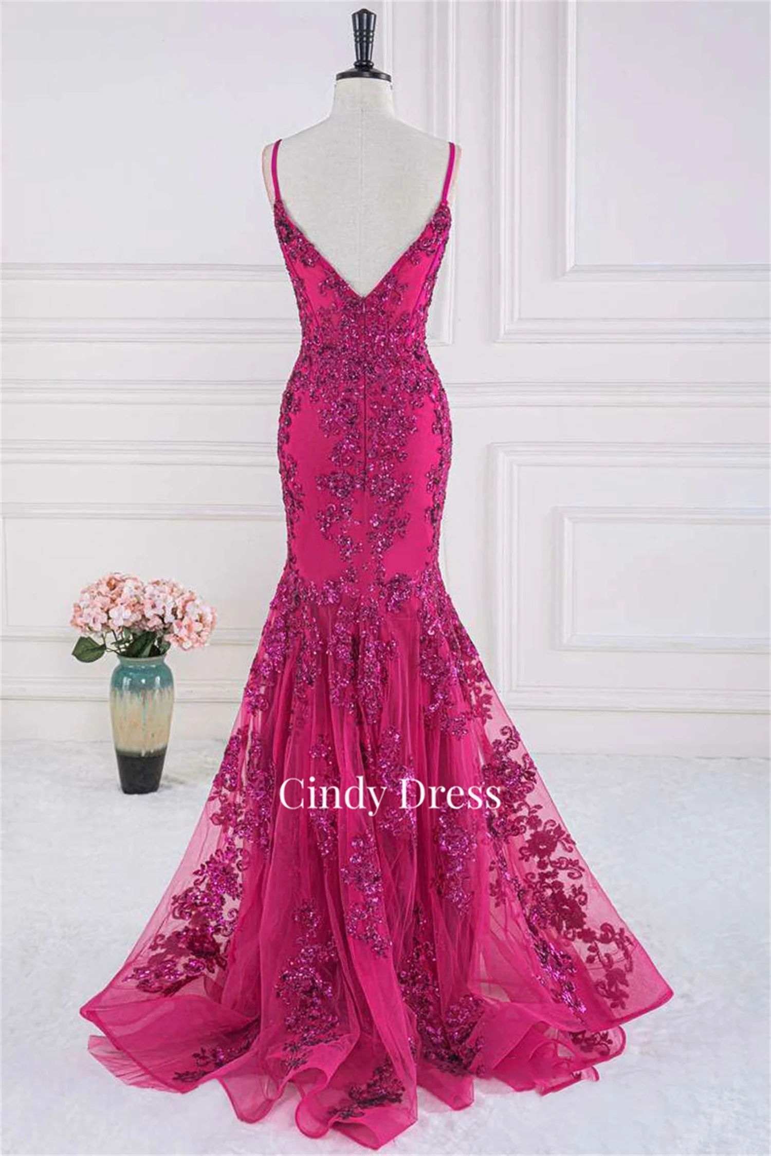 Rose Red Mermaid V-neck Lantejoulas brilhantes Lace Vestidos elegantes para mulheres Vestido de noite Senhoras Personalizado Festa Ocasião Formal