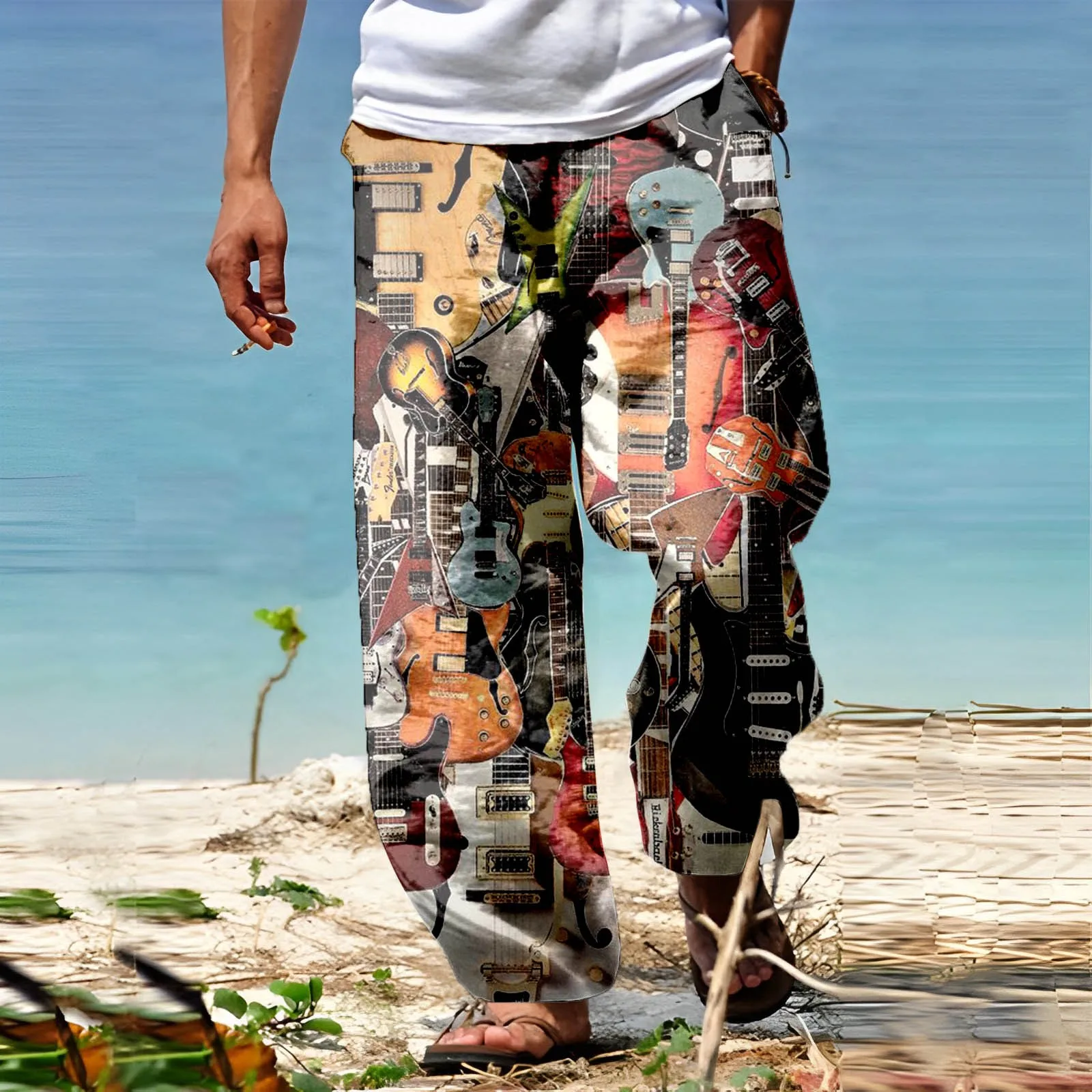 Men's Trousers Drawstring Elastic Waist Male Pants Summer Fashion Cotton Linen Trousers All Print Tether Wide Leg Pants