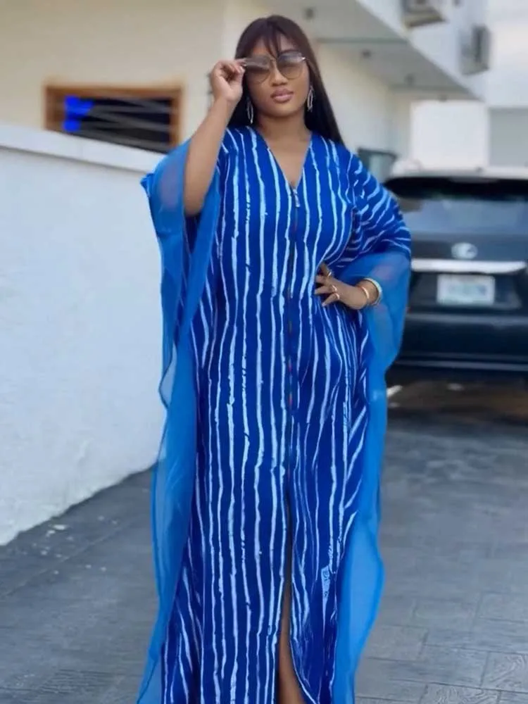 

Casual Dresses for Ladies V Neck Elegant Straight Striped Summer Dress Zip Front Women Loose Maxi Dress Wholesale Dropshipping