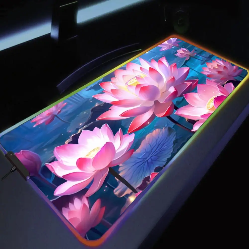 

Коврик для мыши Lotus Pond, большой игровой коврик RGB с LED-подсветкой, с прошитыми краями, игровые аксессуары, настольный коврик, коврик для клавиатуры ПК, XXL 90x40см