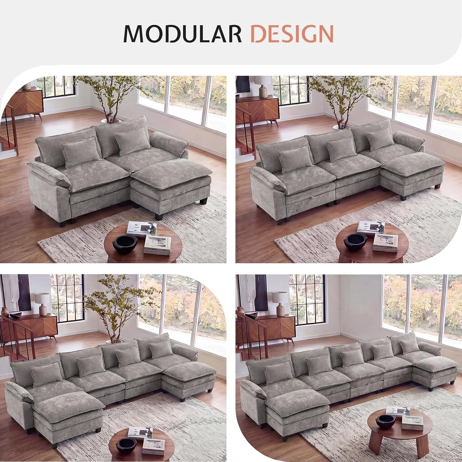 TCGBKAF 84.9 inch Minimalist U-Shaped Modular Cloud Sectional Sofa Deep Seat Couch with Pillow Arms, Ottoman & Throw Pillows, Convertible Sleeper Pet-Friendly Indoor Living Room Furniture