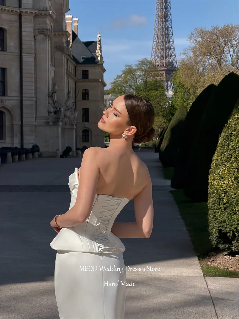MEOD Satin Elegant Wedding Dresses Bride Strapless Sleeveless Formal Vestidos De Novia Backless Ankle Length Dress Customized