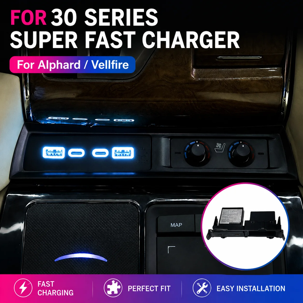 Car Car USB Charger for Alphard Vellfire 30 Series Auto Center Console 4-Port 45W Fast Charging Dock Type-C Adapter Ambient Light - Aliexpress Deal