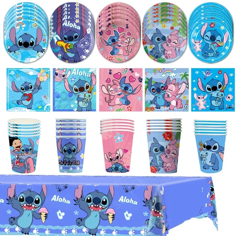 Disney-vajilla desechable de Lilo y Stitch para fiesta de cumpleaños, plato, mantel, bolsa de dulces, Kit de vasos de papel, suministros