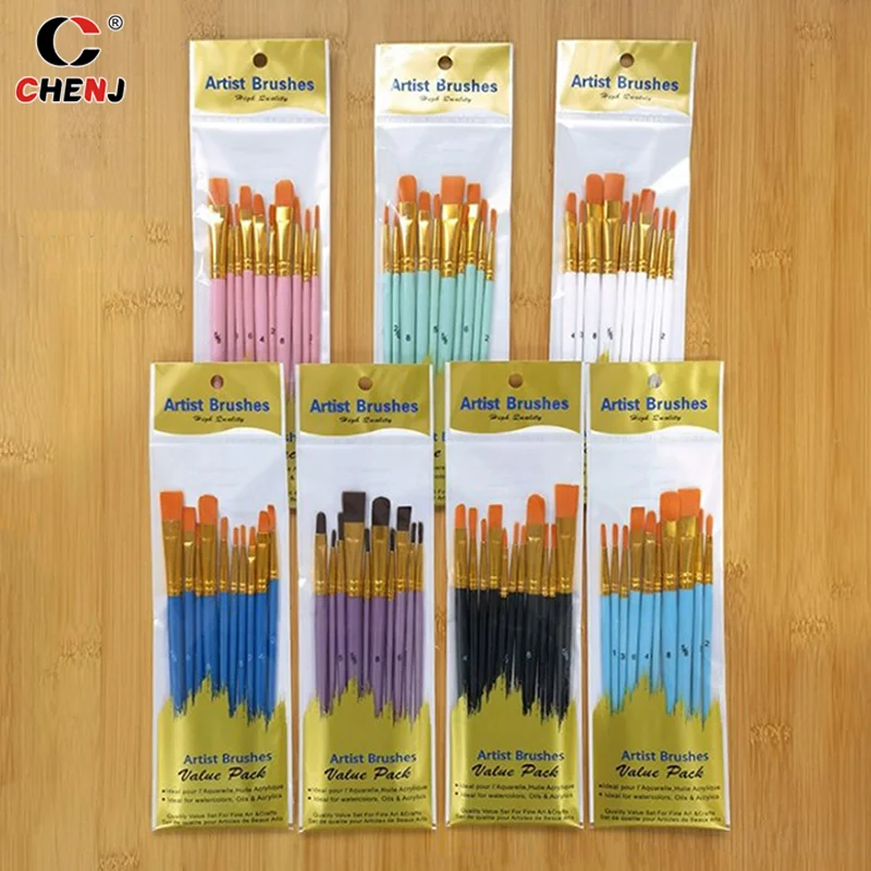 Nylon Pintura Escova Set, haste curta, Óleo Acrílico Escova, Caneta Aquarela, Arte Profissional Suprimentos, Alta Qualidade, 10 Pcs