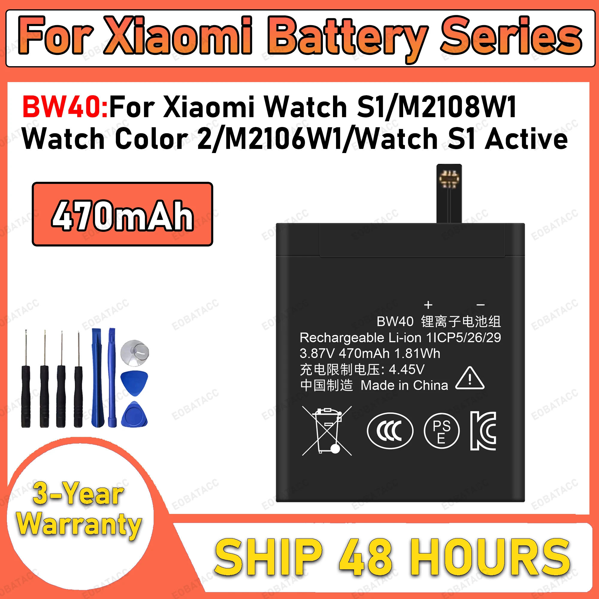 470mAh 100% New BW40 Battery For Xiaomi Watch S1/M2108W1 Replacement Bateria+Free Tools