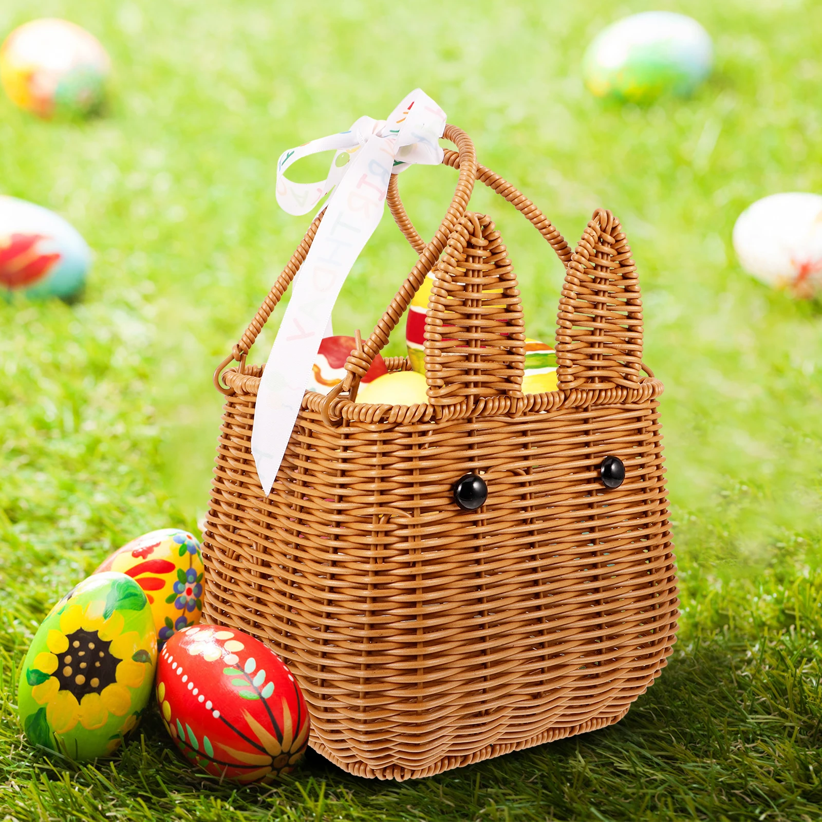 

Woven Bunny Ear Flower Basket Cute Handheld Storage Organizer Easter Gift Multipurpose Floral Basket Portable Picnic Fruit