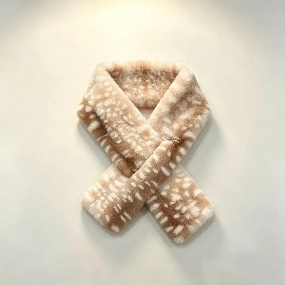 Thick Warm Deer Patterned Faux Fur Hat Faux Mink Fur Soft Fluffy Cross-tie Scarf Washable Animal Print Winter Hat Scarf Set