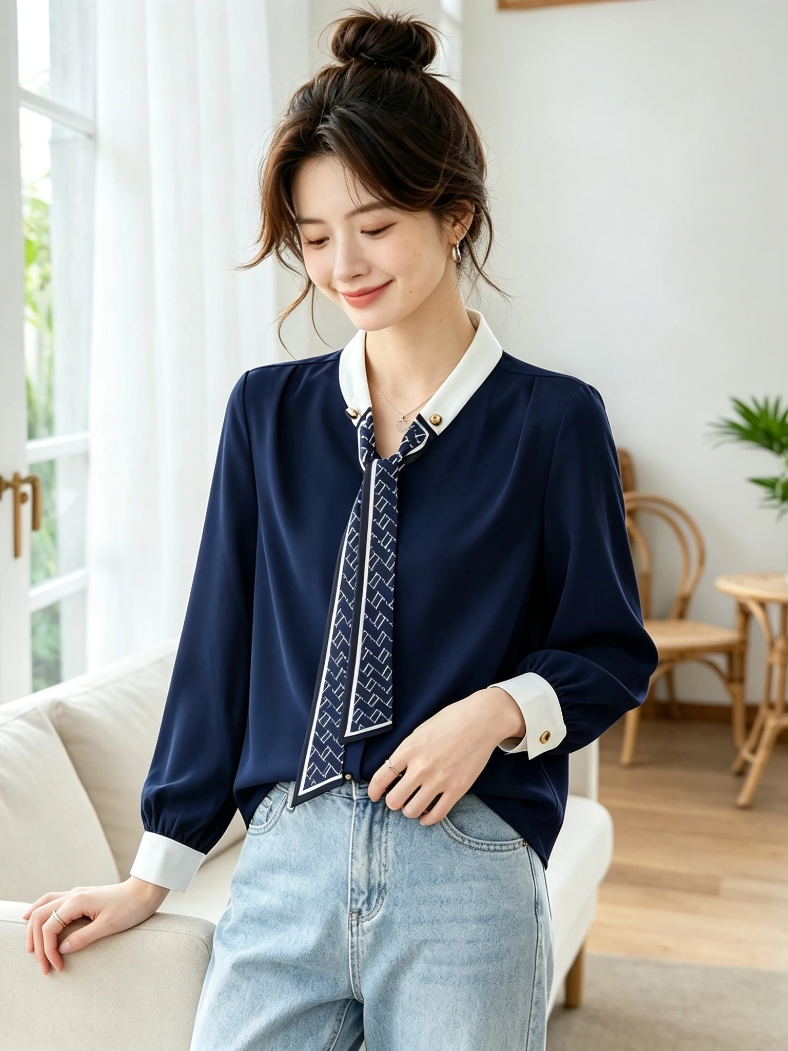 Elegant Sash Long Sleeve Shirt Women's Royal Blue Professional Atmosphere Design High Sense of Luxury Commute Straight Tube Top