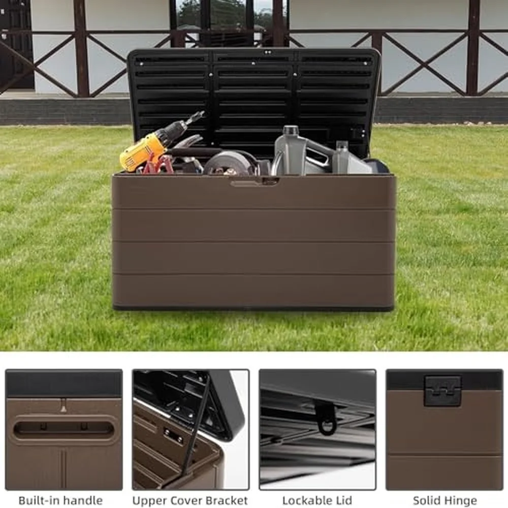 Outdoor Storage Box Waterproof 100 Gallon Plus Lockable Resin Deck Box Large Patio Storage Bin for Pool Accessories