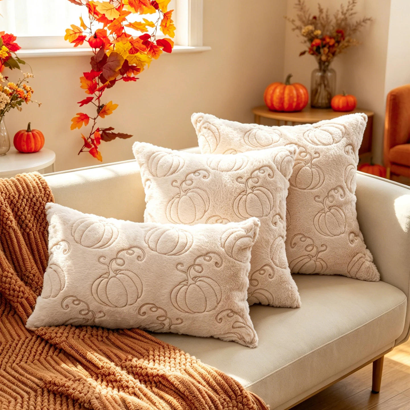 1pc 3D Embroidered Beige Faux Rabbit Hair Pumpkin Pillow Cover, No Insert, Thanksgiving & Harvest Festival Theme, All-Season Dec