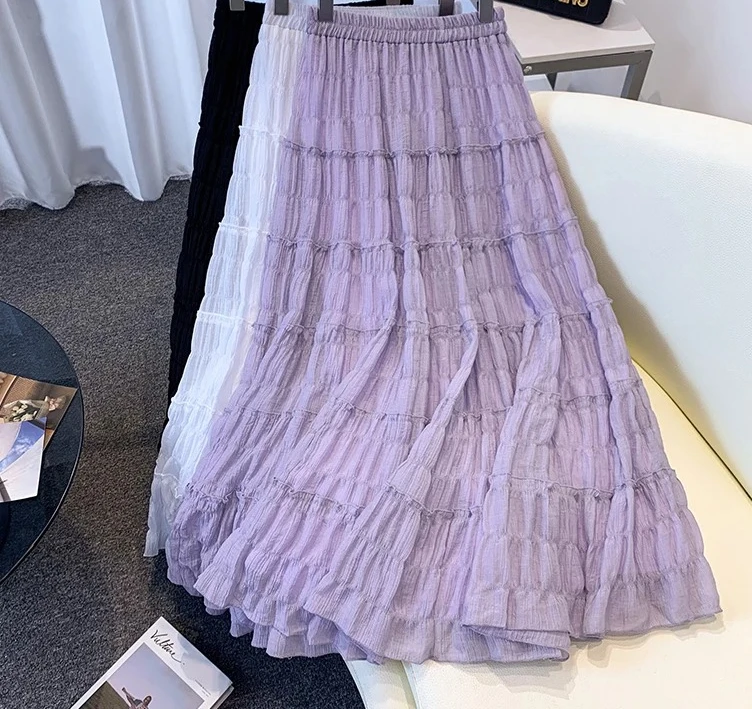 

Повседневные милые шикарные плиссированные сетчатые свободные юбки с высокой талией и рюшами, корейская мода, сказочная базовая одежда больших размеров