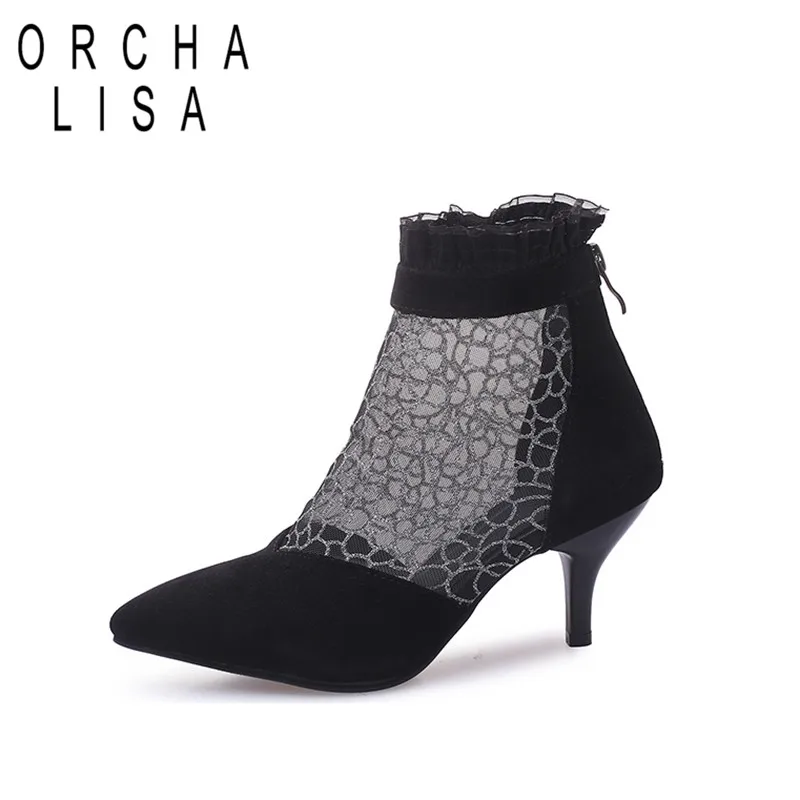 ORCHA LISA-Botines de malla bordada para mujer, zapatos de tacón fino alto con cremallera, punta estrecha, con agujeros, talla grande 43, para verano