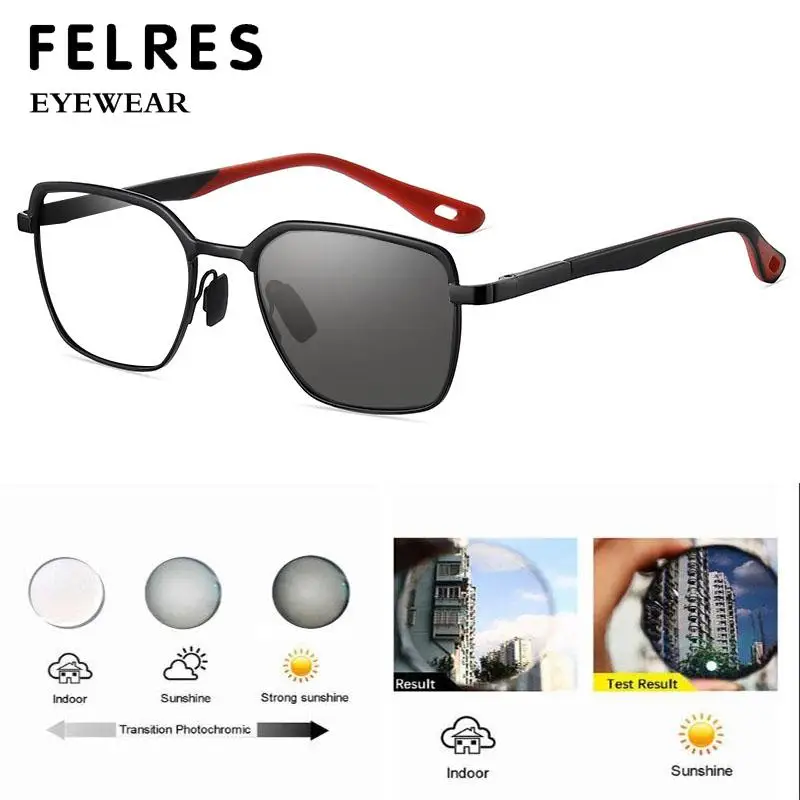 Designer Square Photochromic Reading Glasses Men Alloy Finished Presbyopic Eyeglasses Outdoor Discolored Prescription Eyewear