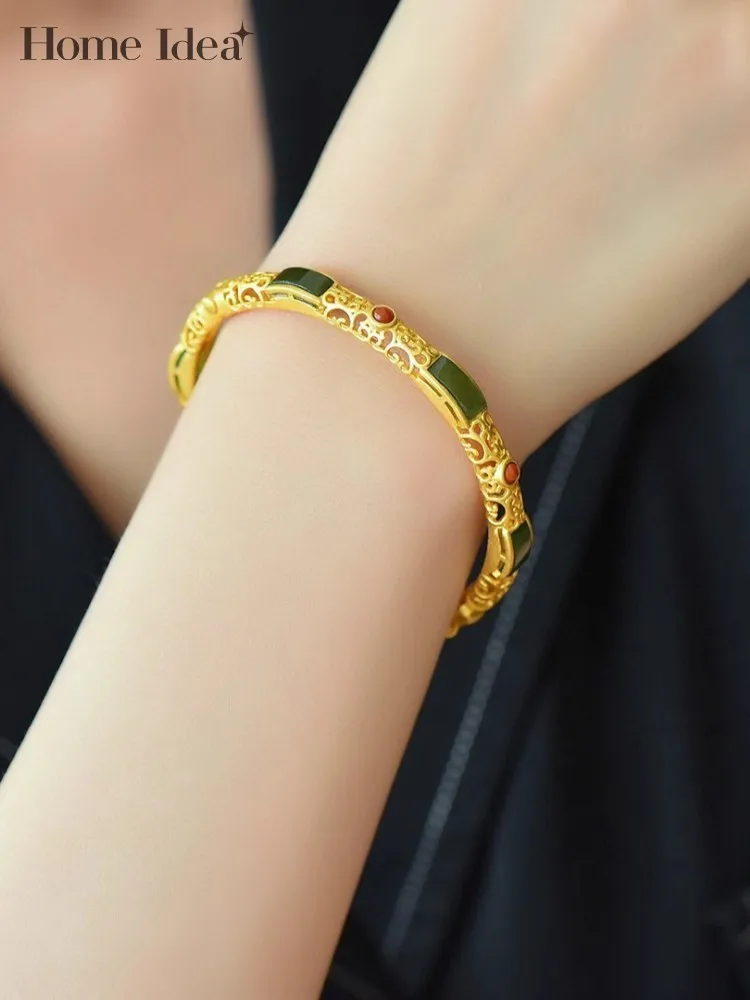 Natural Jade S925 Silver Bangles Elegant Ladies Golden Plating Bracelet Women Floral Hollow Out Vitnage Designer Jewelry