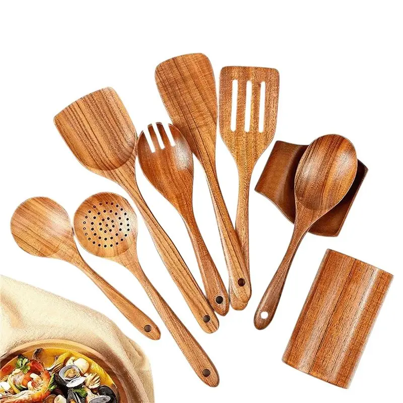

AEE2-9 PCS Natural Wooden Spoons For Cooking Wooden Utensils For Cooking With Utensil Holder Teak Wooden Kitchen Utensils Set