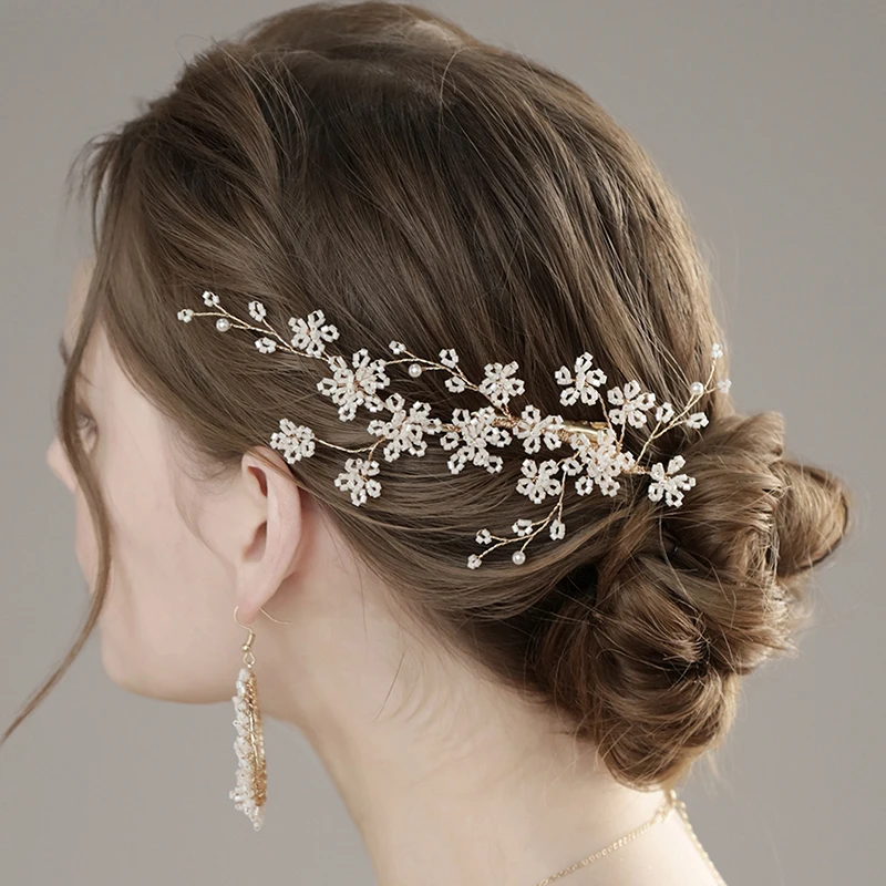 Romatic Beads Floral Bridal Hair Clip Piece with Earrings Gold Color Wedding Prom Girls Headpiece Jewelry