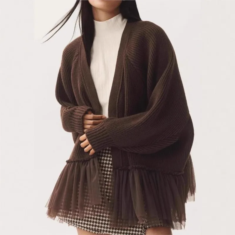 

Winter Cardigan Sweater Ruffled Patchwork Mesh Knitted Long-sleeve Top Woman 2026 New Collection Loose Casual Fashion Ropa Mujer