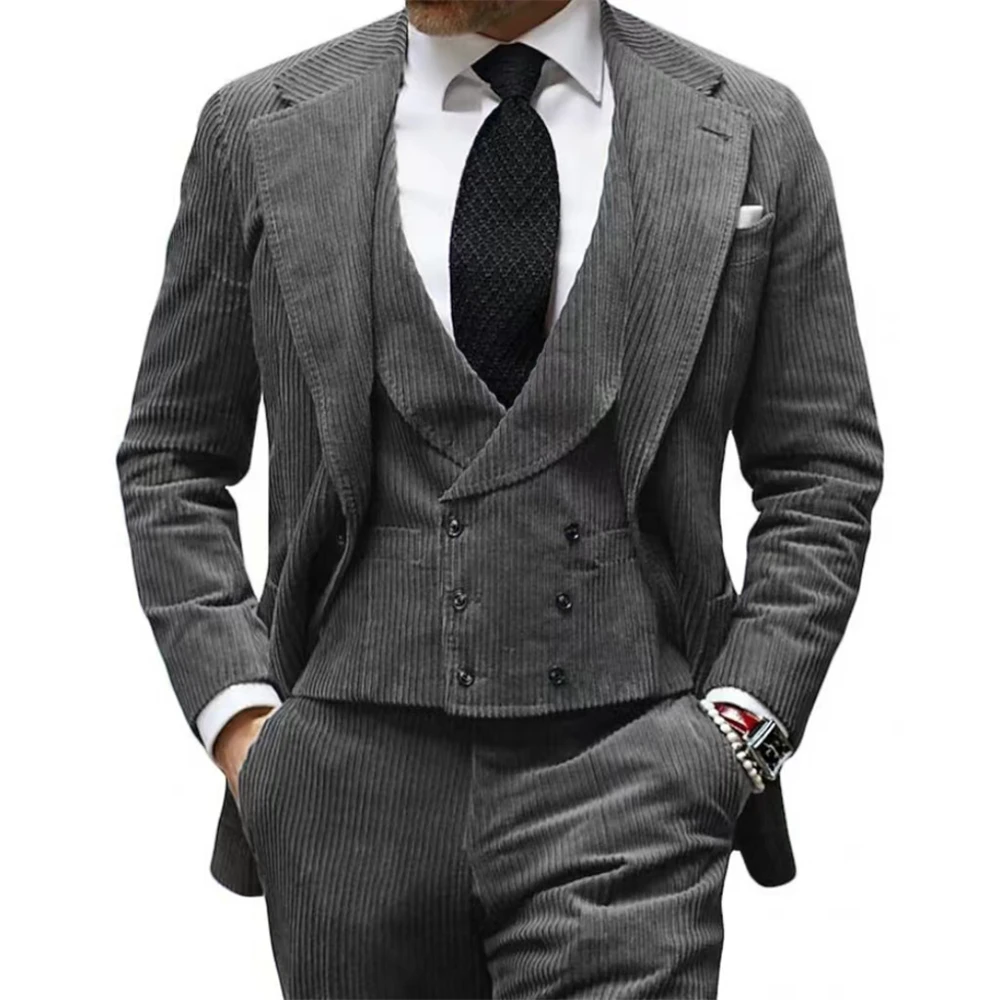 Elegant Men's Suit Corduroy Formal Three-Piece Blazer Vest Pants Set Notch Lapel Tuxedo Wedding Evening Party