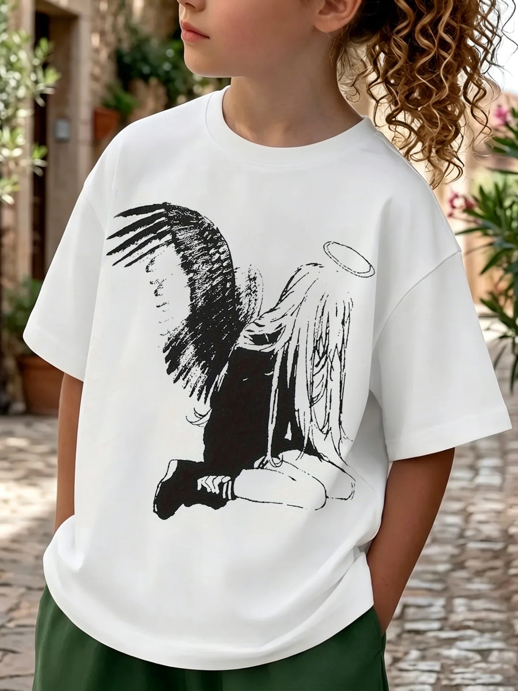 Summer Boys Girl T Shirt Kids Baby Youth Men Women Tee Oversize Japanese Anime T-Shirt Y2K Kawaii Angel Wing Graphic Tee Fashion