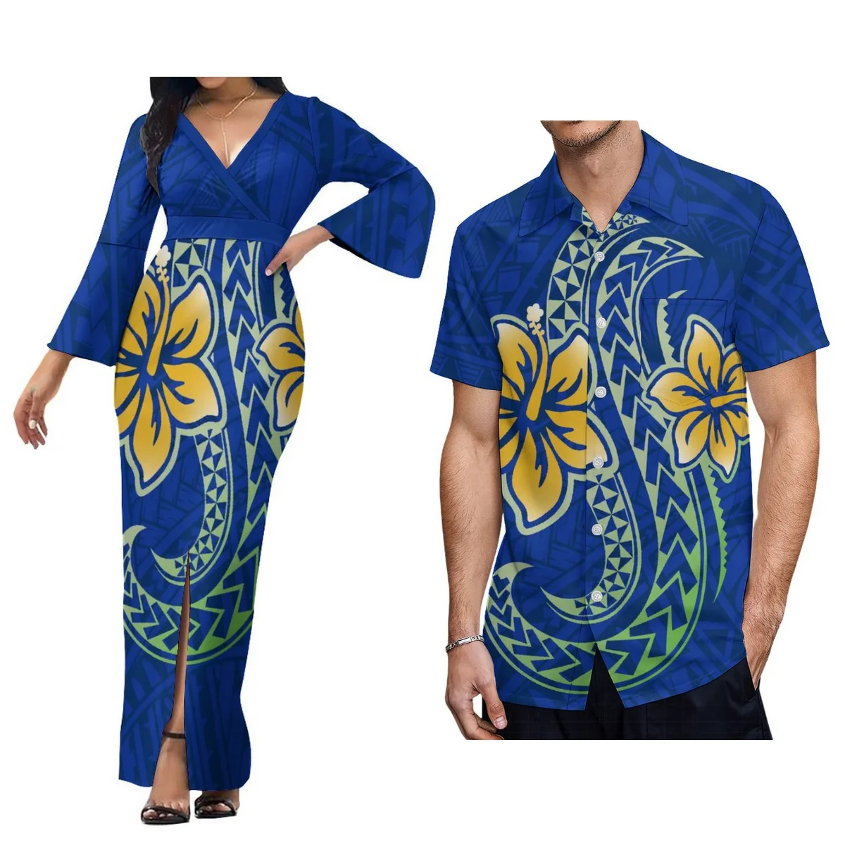 

Couples Suit Women'S Long Sleeve V-Neck Dress For Dinner Tight Evening Gown Polynesian Tribe Custom Printed Men'S Shirt