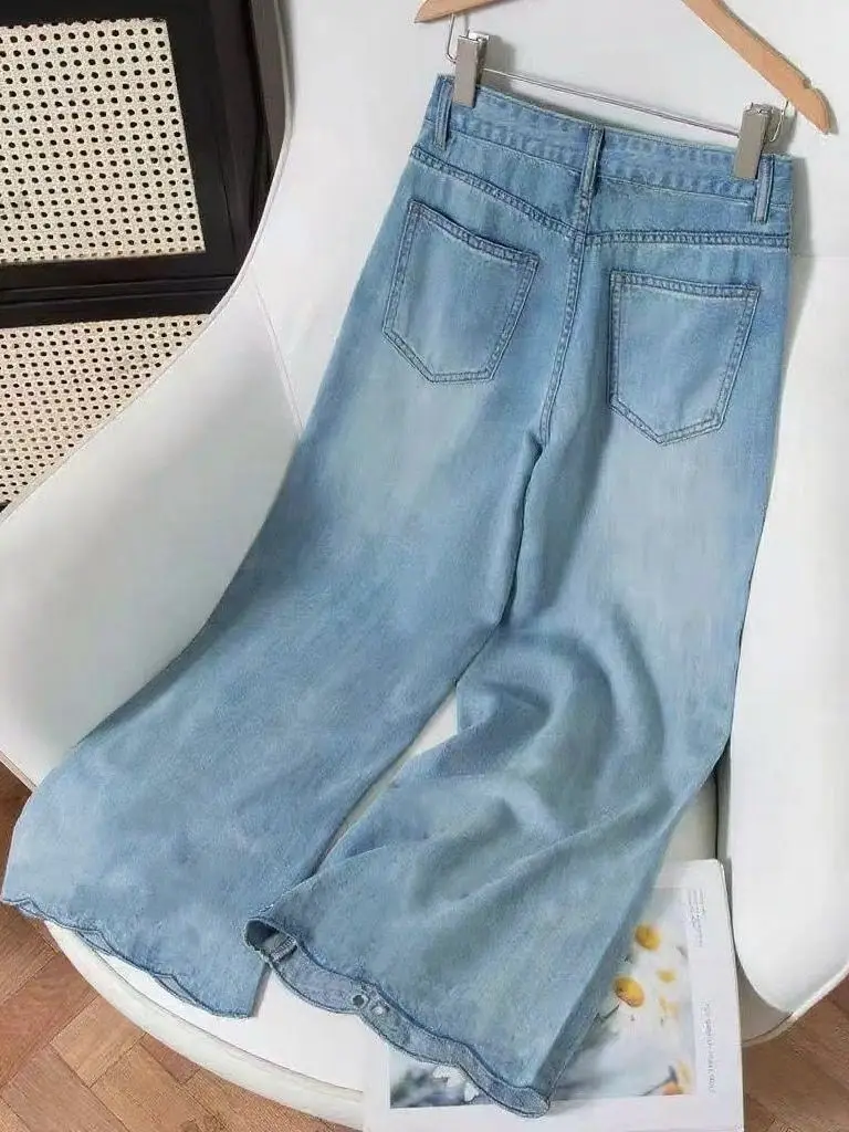 

Широкие джинсы с высокой талией и тяжелой вышивкой, женские летние новые повседневные джинсы с восемью девятью точками, джинсовые джинсы с высокой талией прямого кроя