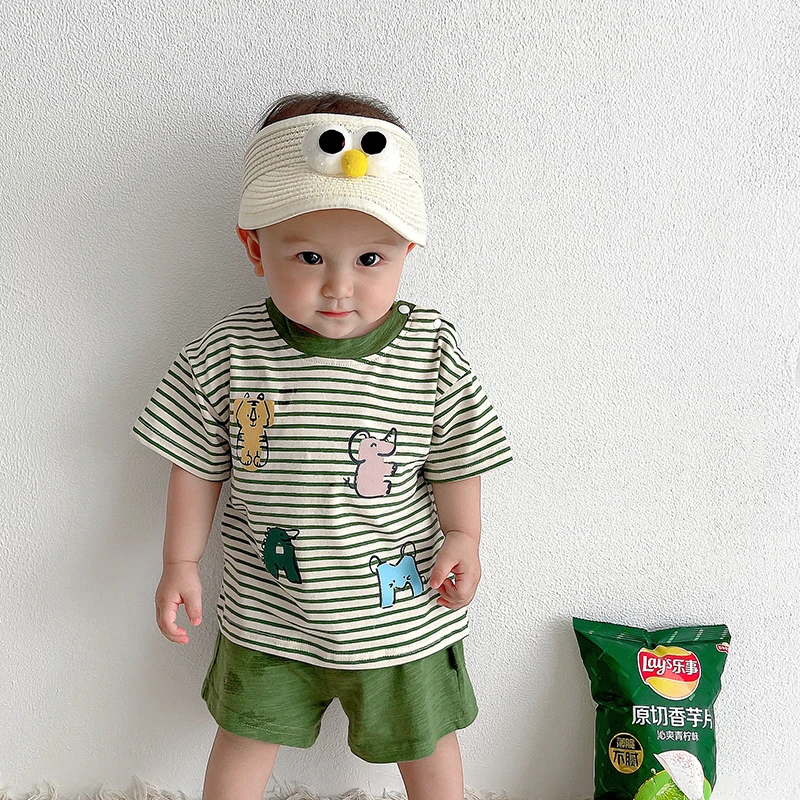 Summer Newborn Infant Baby Boys Cotton Striped O-neck T-shirt Shorts Kids Animals Fashion Casual Soft Baby Clothing